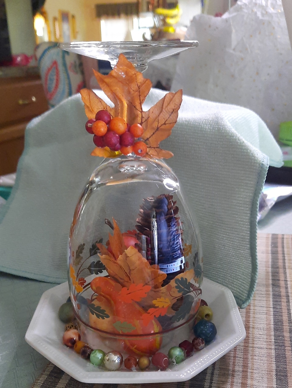 Handcrafted Glass Cloche with Orange Autumn Leaf and Berry Accent